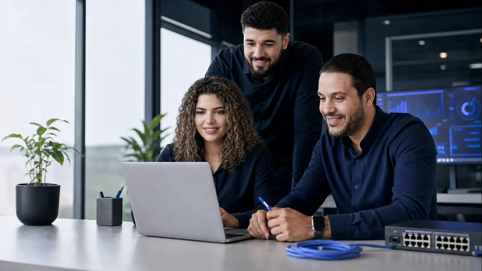 Équipe IT InfraForge Maroc souriante travaillant ensemble sur un ordinateur et du matériel réseau